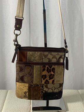 GUC Coach Gold + Brown Patchwork Crossbody bag, L 7.5” x H 9” x D 1”